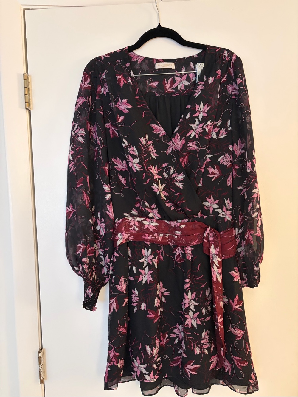 Ramy Brook Black Floral V-Neck Long-Sleeve Mini Dress with Burgundy Sash - Picture 2 of 3